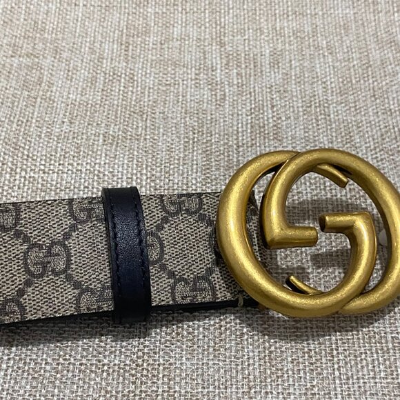 Gucci Classic Beige And Brown Gg Monogram Canvas Belt With A Gold Double G Metal - Picture 7 of 8
